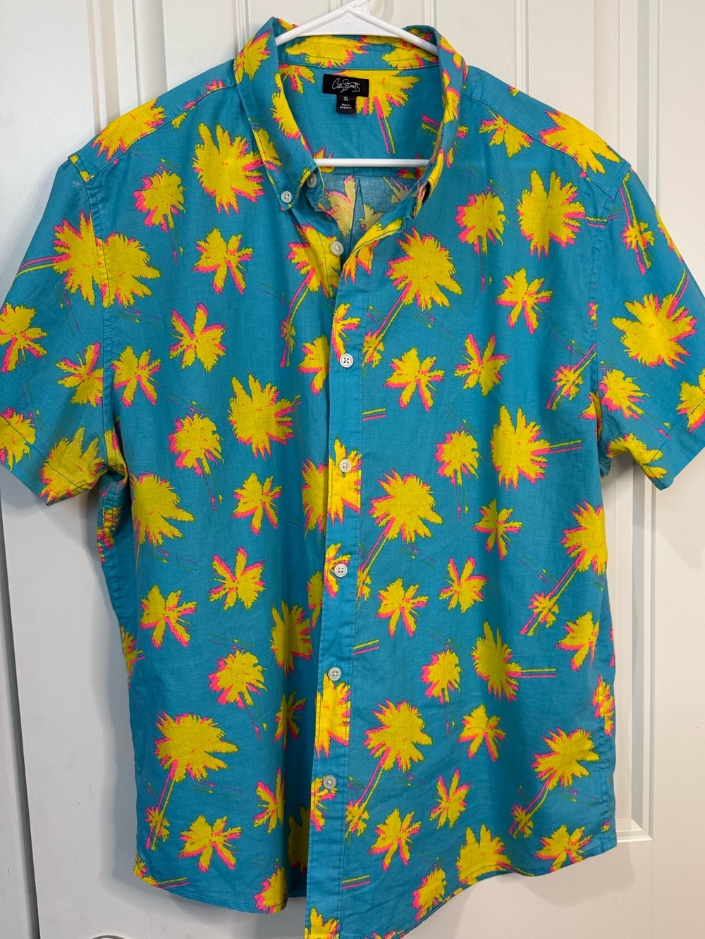 City Streets Neon Men's Teal Short-Sleeve Palm Print Shirt Yellow Pattern Sz XL